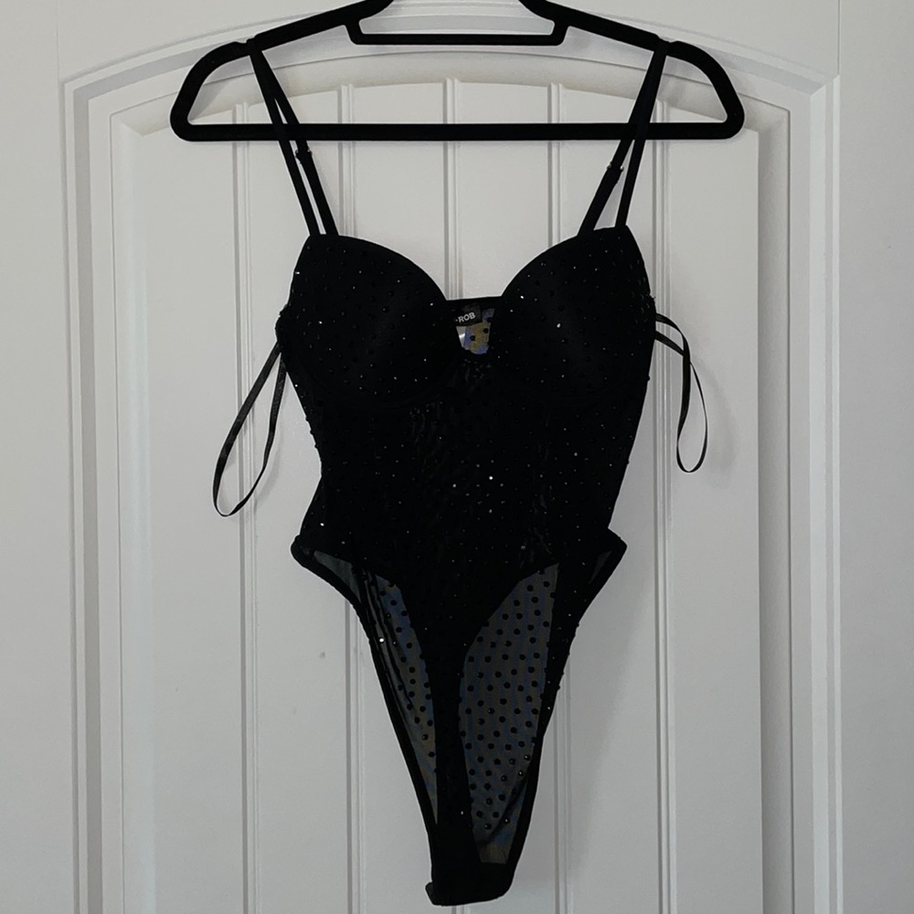 Rhinestone Bodysuit - black with built in bra and see-through body.